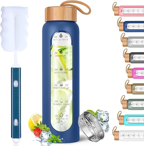 Miniatura 14 de Aqulea Botellas de agua de vidrio de 32 onzas con funda de silicona, botellas de agua motivacionales de vidrio de boca ancha reutilizables sin BPA
