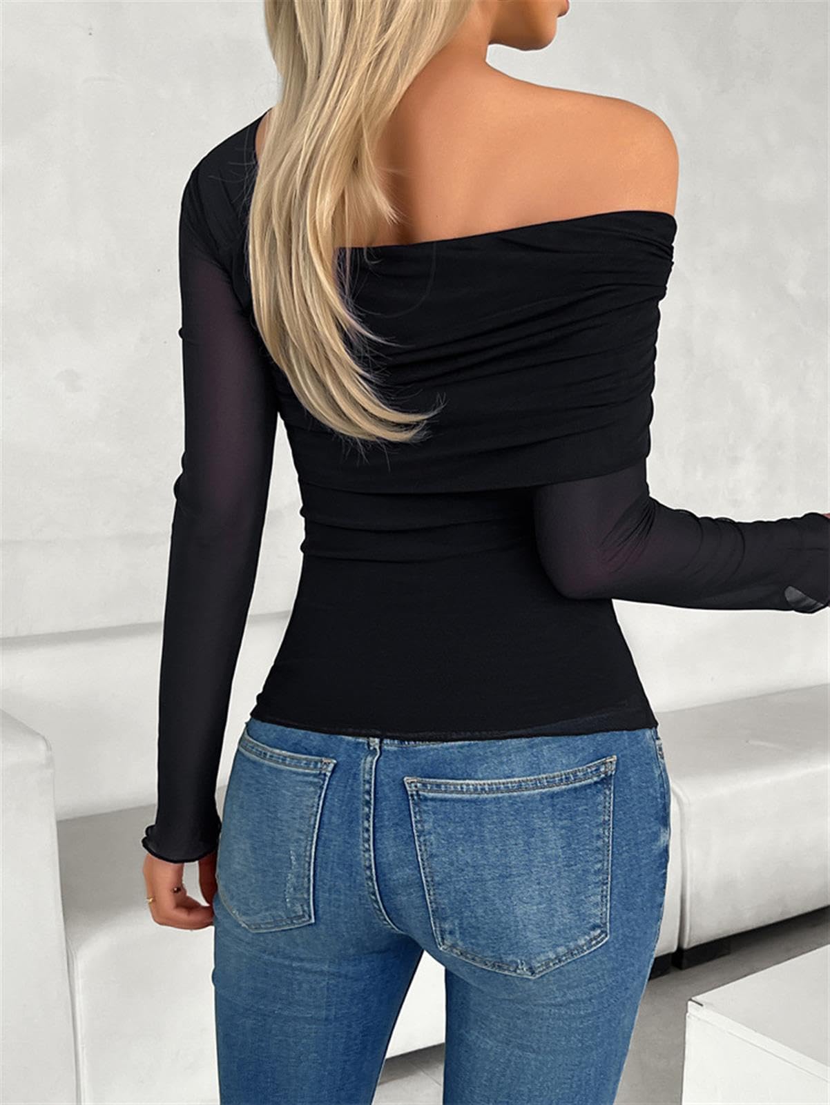 Frauen Slim Fit T-Shirts Gerafftes Crop Top Schulterfrei Langarm Casual Ausgehen Tops