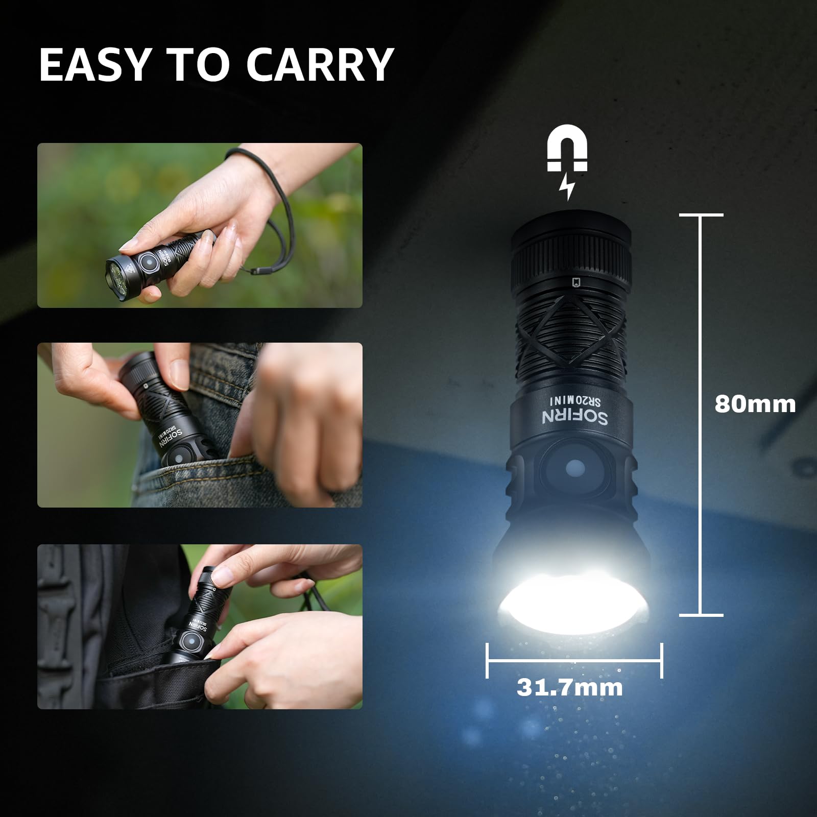 Sofirn SR20 MINI, 1200LM, Red Light Torch, IPX8 Waterproof, Compact Flashlight with Lanyard and Tail Magnet - Image 4