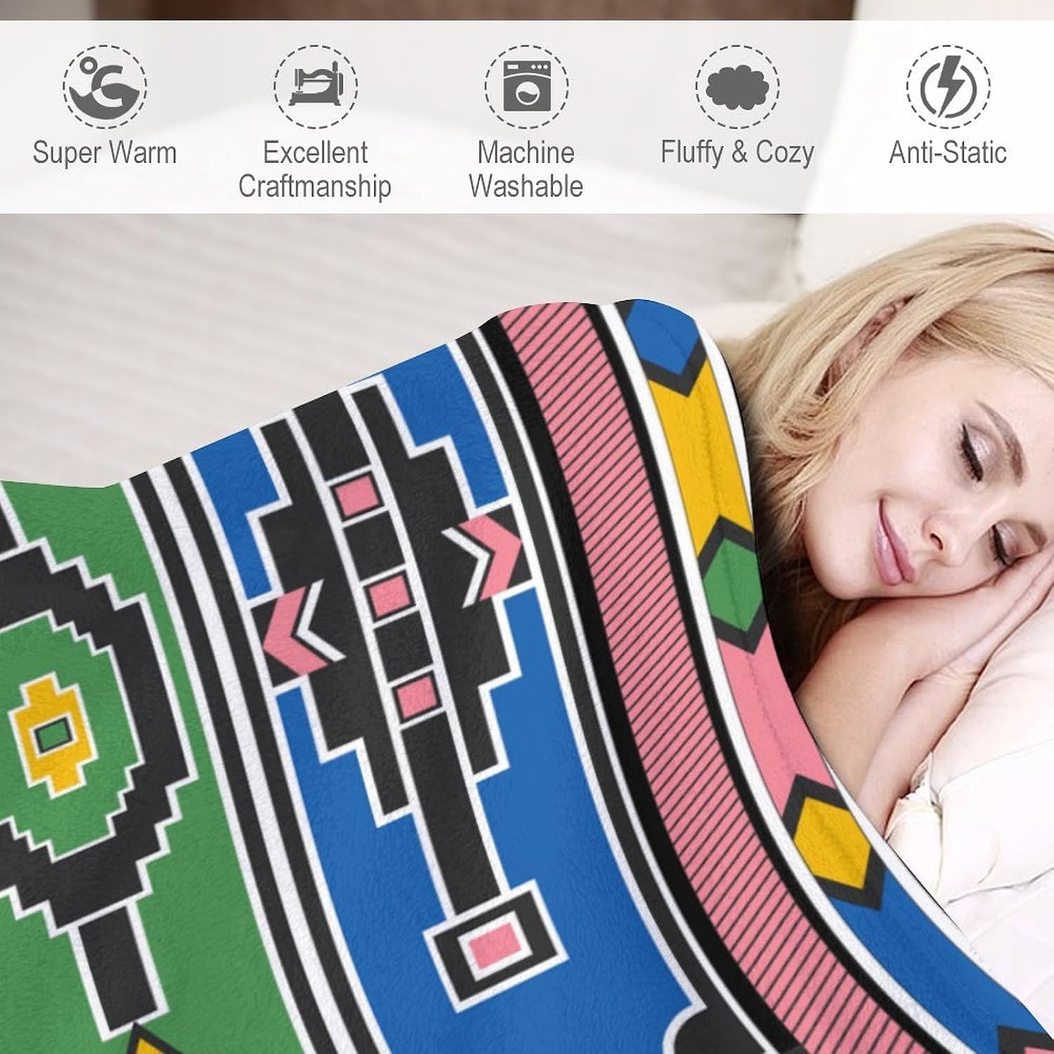 Vibrant African Geometrics Pattern Throw Blanket 60" x 50", Soft Cozy Warm Reversible Flannel Blanket for Couch, Bed, Sofa, Home Decor Gifts All Seasons Use