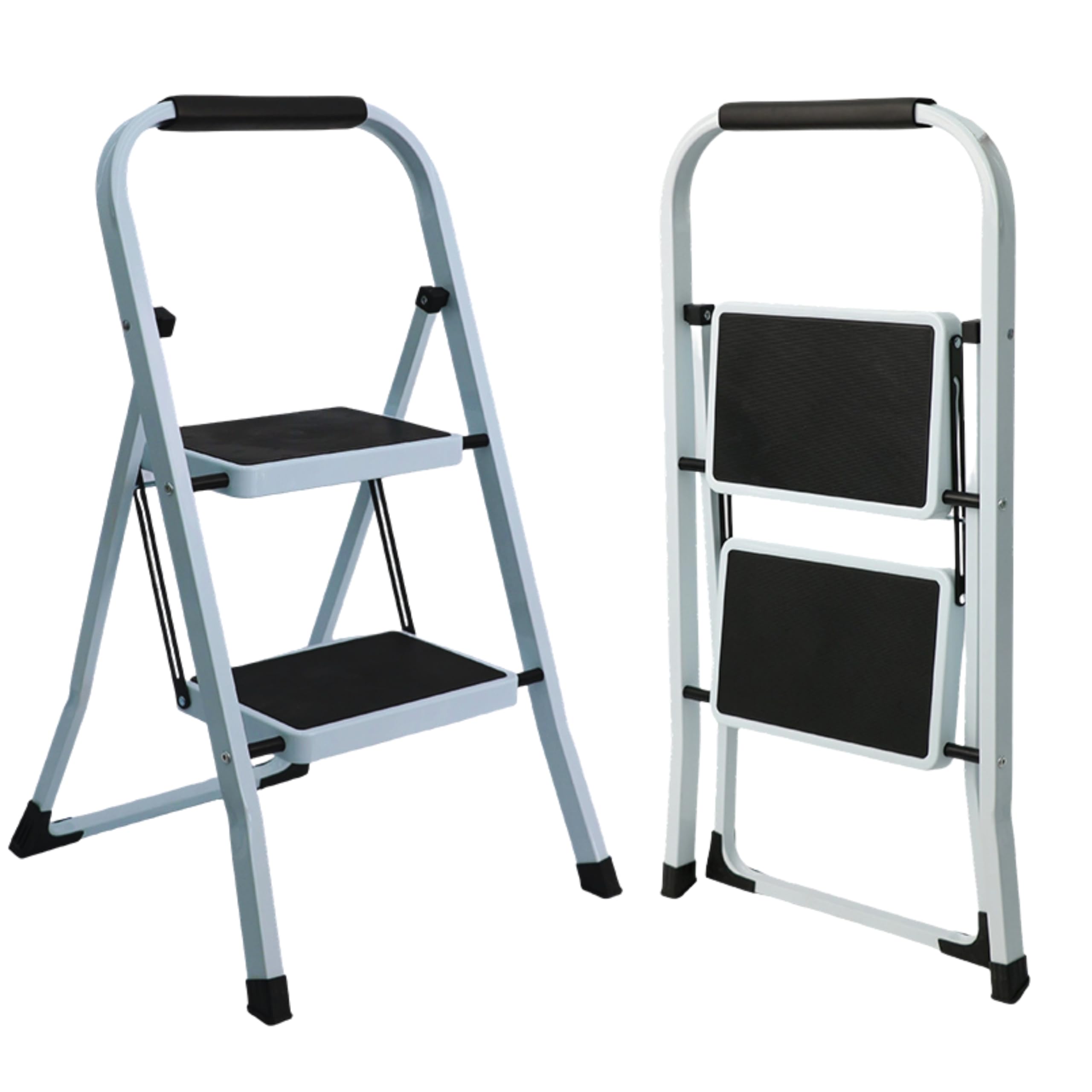 Escalera Plegable de Aluminio para hogar y Cocina, 2 peldaños, Blanco, peldaños Anchos Antideslizantes, asa de Agarre cómodo, EN 131