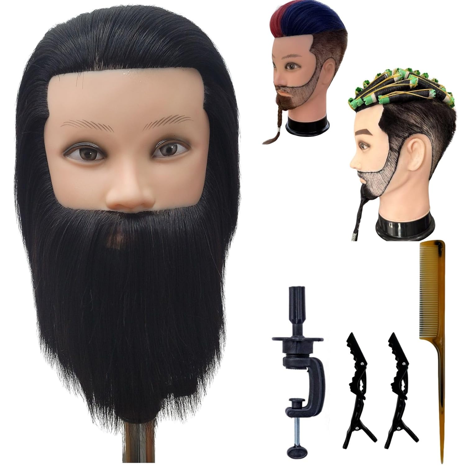 Barber Mannequin Head Male with Human Hair and Beard,Hair Cutting Styling Practice Training Manikin Head with Stand
