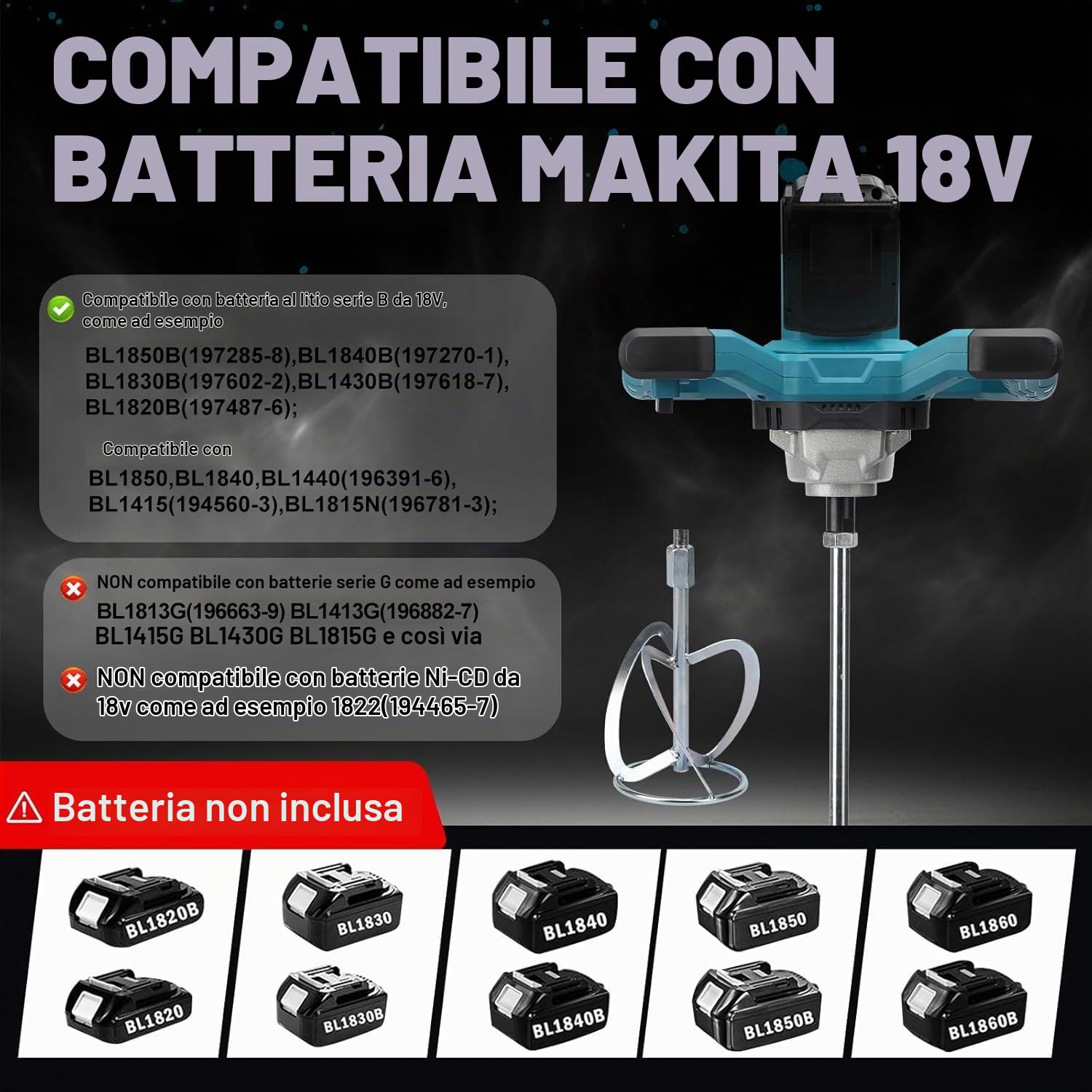 Miscelatore senza fili per vernice e calcestruzzo compatibile con batteria Makita 18 V, miscelatore elettrico a pagaia con 6 velocità, 2 fruste, per miscelare malta per mangimi (senza batteria)