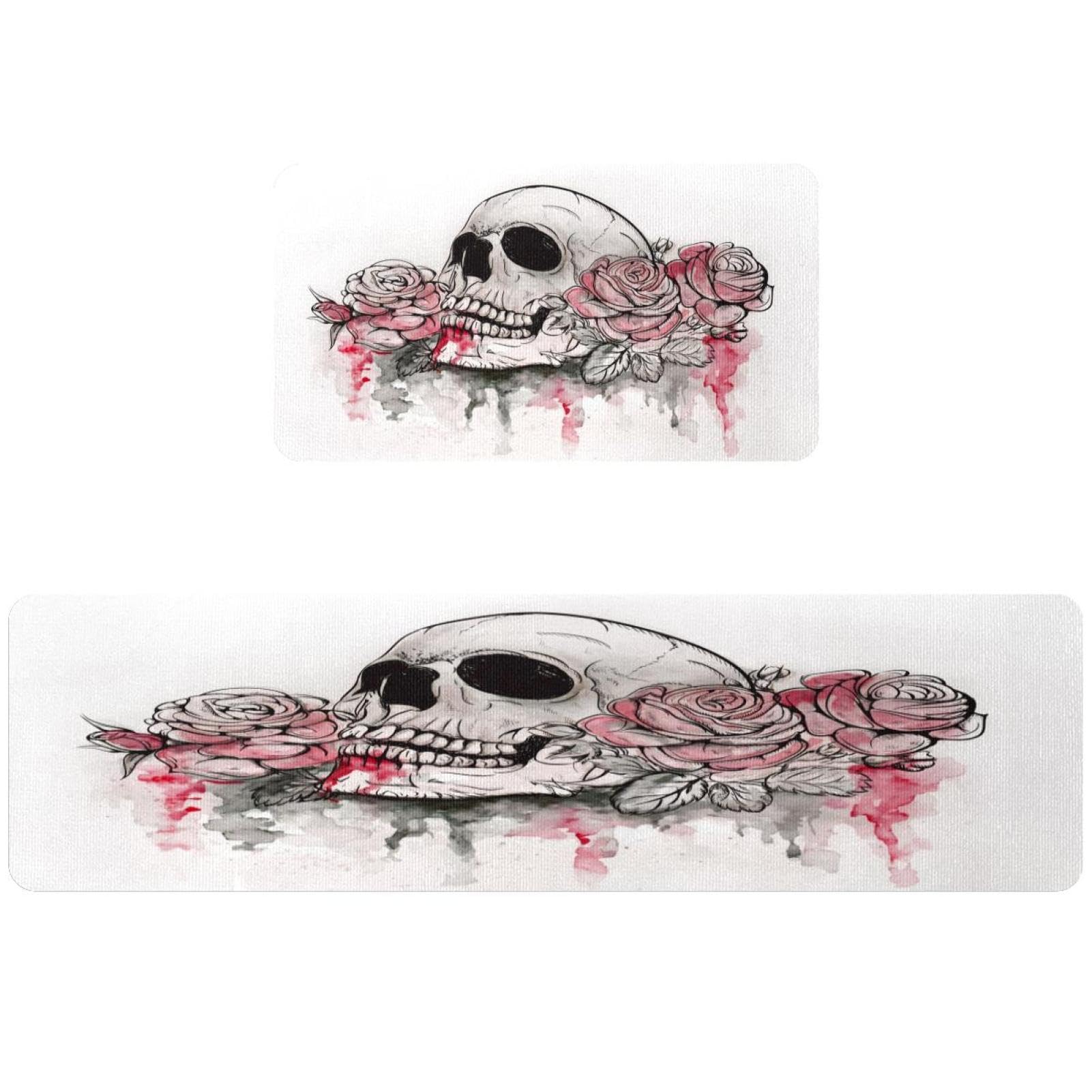 Tapete de cocina de calavera antideslizante y lavable con dos piezas absorbentes