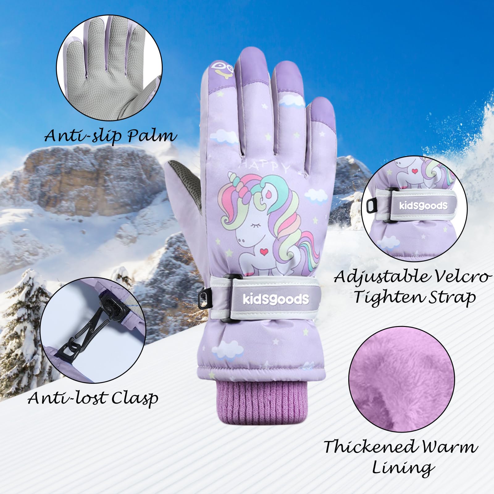 Gants de ski imperméables pour enfants - Motif licorne - Pour l'hiver - Chaudes - Antidérapantes - Coupe-vent - Pour le snowboard - Course à pied - Randonnée - Ski - Cyclisme