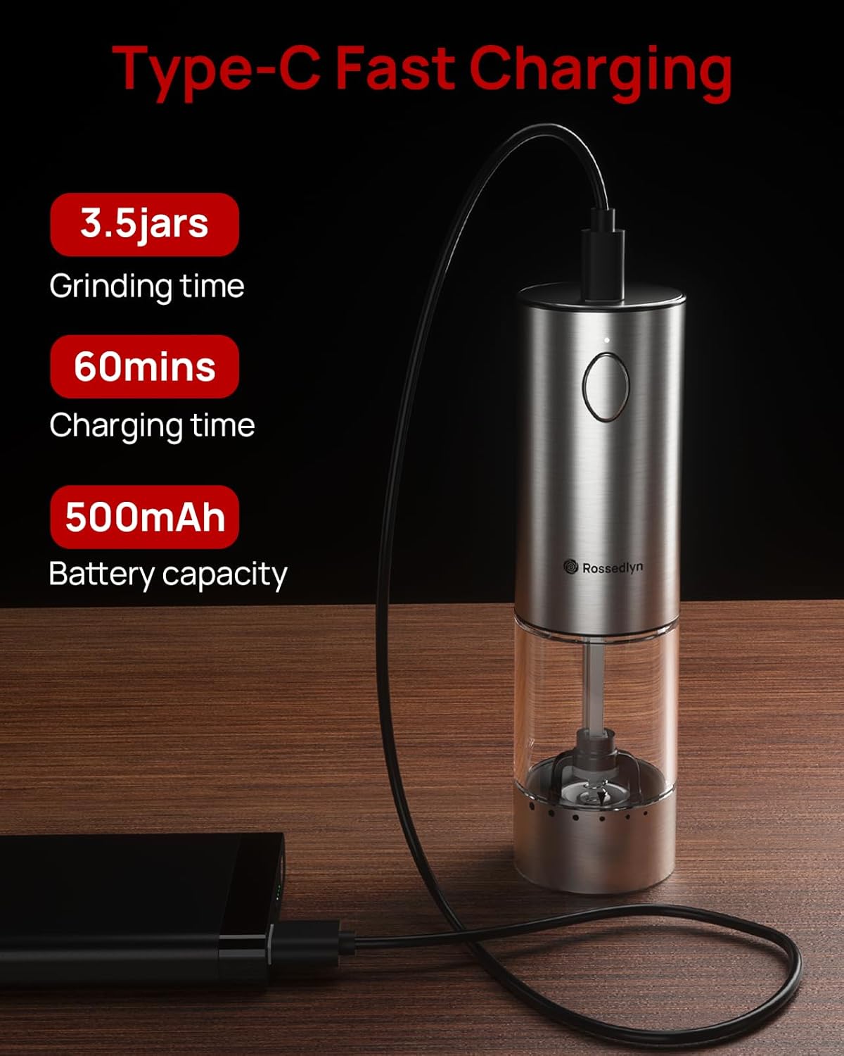 Electric Salt and Pepper Grinder Set Rechargeable with 6 Adjustable Coarseness, Upgraded Larger Capacity, Stainless Steel Automatic Pepper and Salt Grinder Mill White LED lights 2 Pack-S1 - Image 3