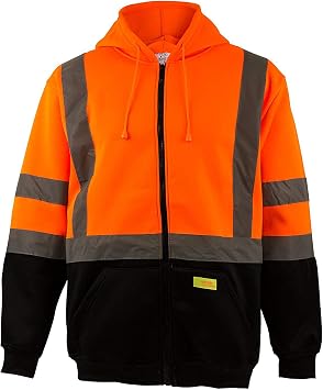 H9011 Mens ANSI Class 3 High Visibility Class 3 Sweatshirt, Full Zip Hooded, Lightweight, Black Bottom Set of 25XL,Orange