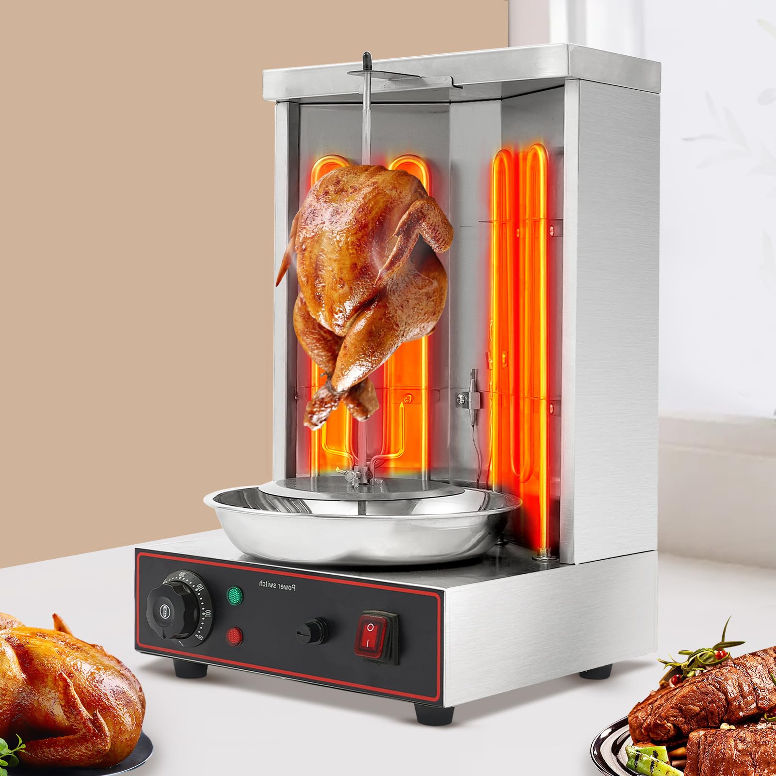 2800–3000 W Elektrischer Edelstahl Döner Grill Vertikalgrill, Multigrill Automatischer Drehgrill Einstellbares Temperatur | 2 Heizrohre | Fettauffangschale | Kontrollleuchten