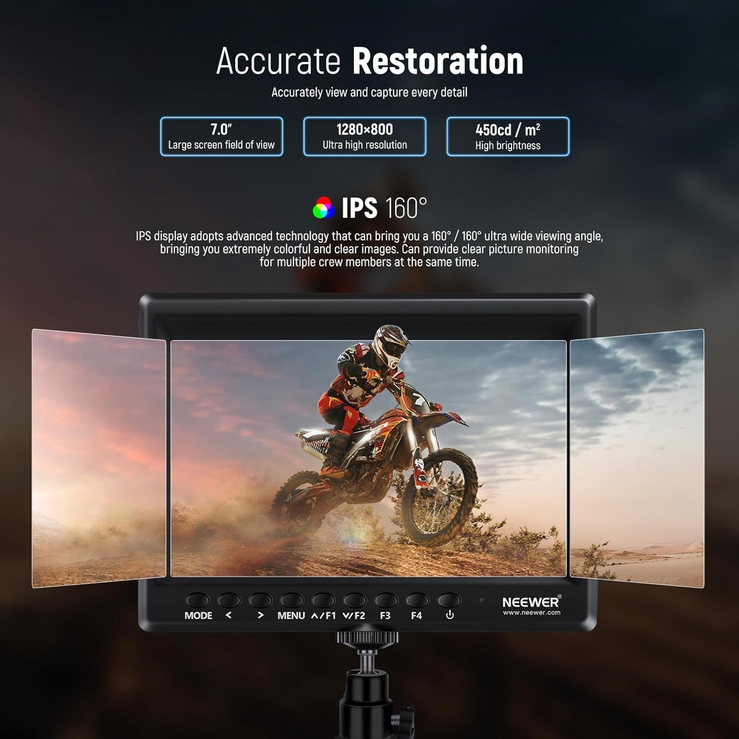 NEEWER F100 7" Monitor da Campo per Fotocamera HD Video Assist IPS 1280x800 HDMI 1080p con Batteria F750 4400mAh, Parasole e Testa Sfera 360° per DSLR Camera, Stabilizzatore Portatile, Rig Video Film