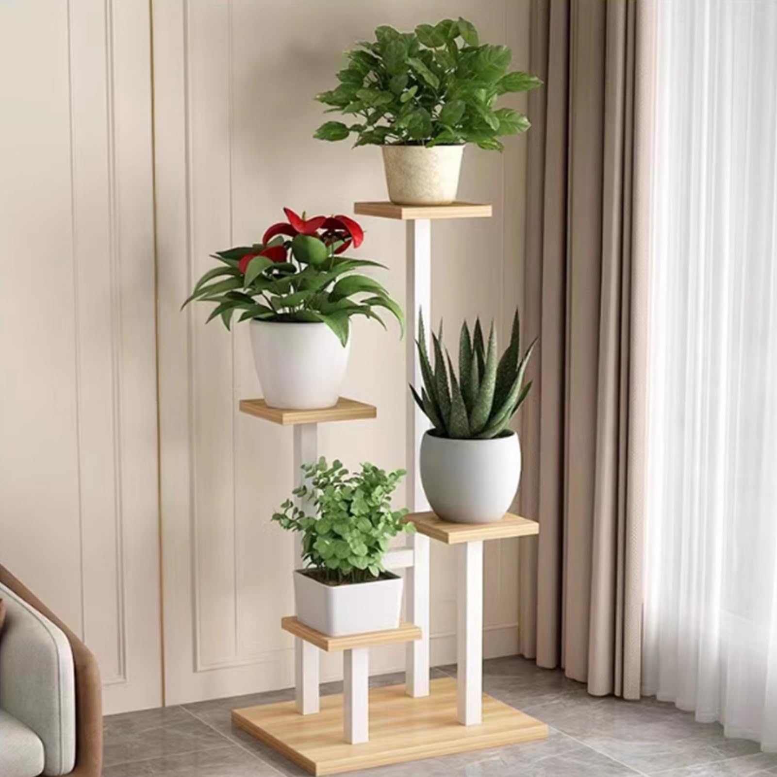 Support de Plante à 4 Niveaux Étagère pour Plantes en Métal Blanc