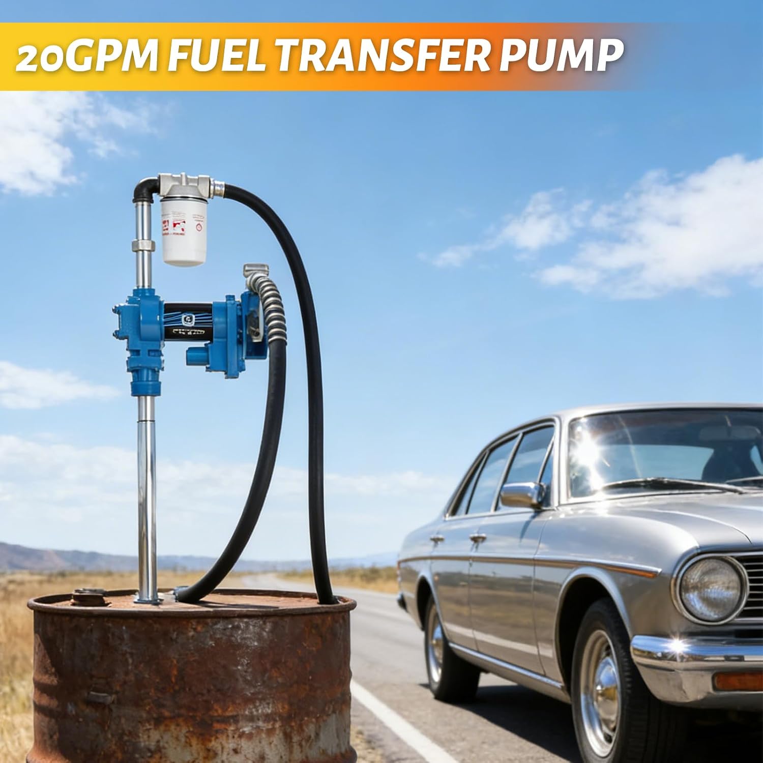 20GPM 12V Fuel Transfer Pump with Manual Nozzle, Particulate Filter for Gasoline Diesel Kerosene Biodiesel-Blue