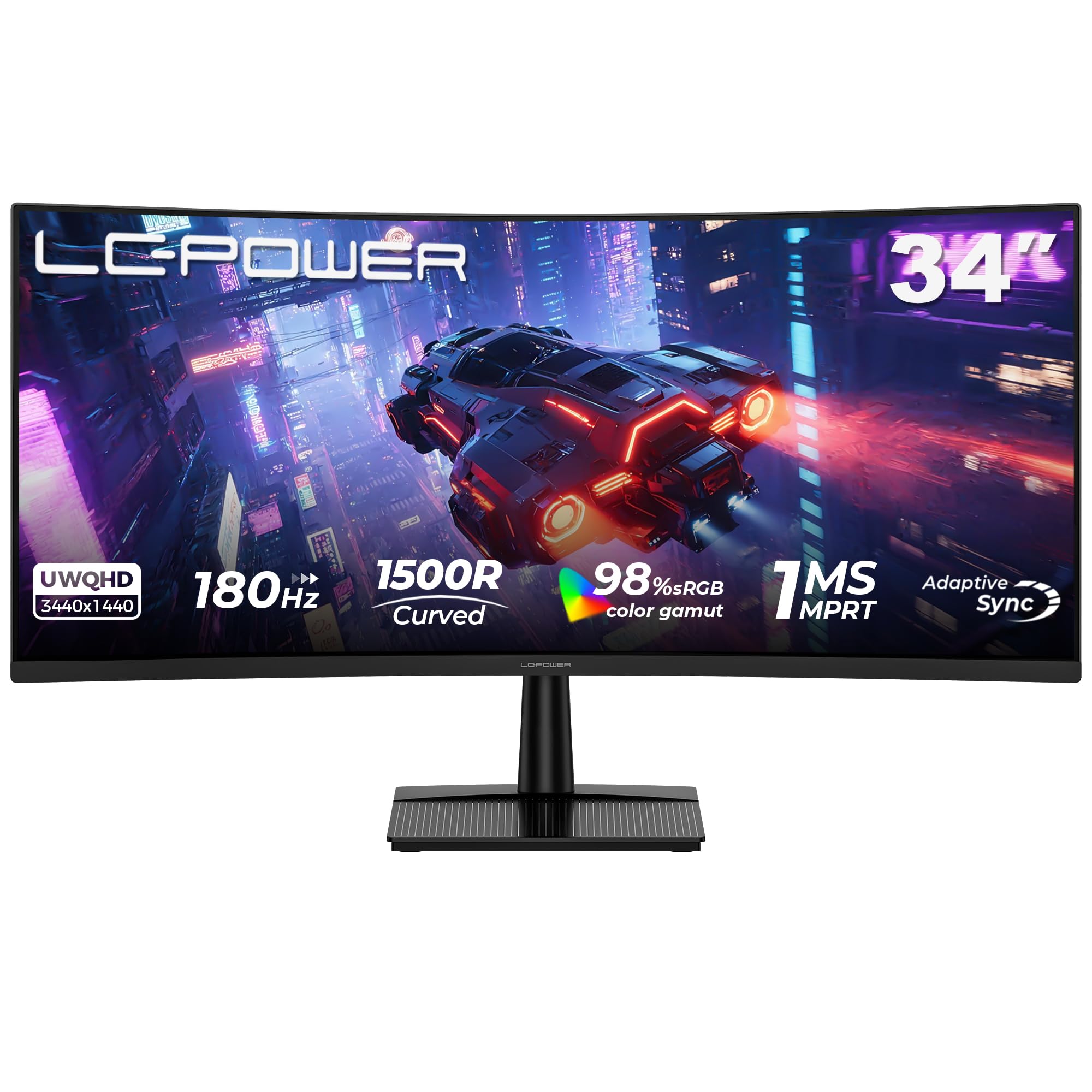 LC-Power LC-M34QC 34 Zoll Ultra WQHD Monitor Curvo para Juegos, Pantalla 3440x1440, 21:9, 1500R, 180Hz, 1ms MPRT, VA, HDR10, Adaptive Sync, Negro, 2xHDMI 2.0, 2xDP 1.4