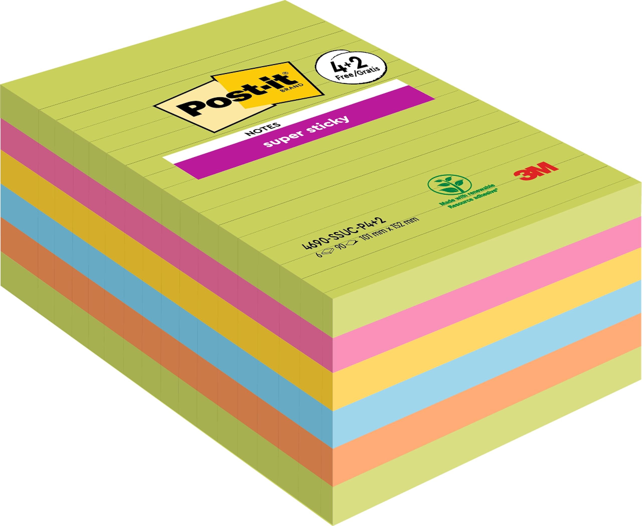 Foglietti Post-it Super Sticky, colori assortiti, a righe, 101 mm x 152 mm, 90 foglietti/blocchetto, 4 + 2 blocchetti GRATIS/confezione