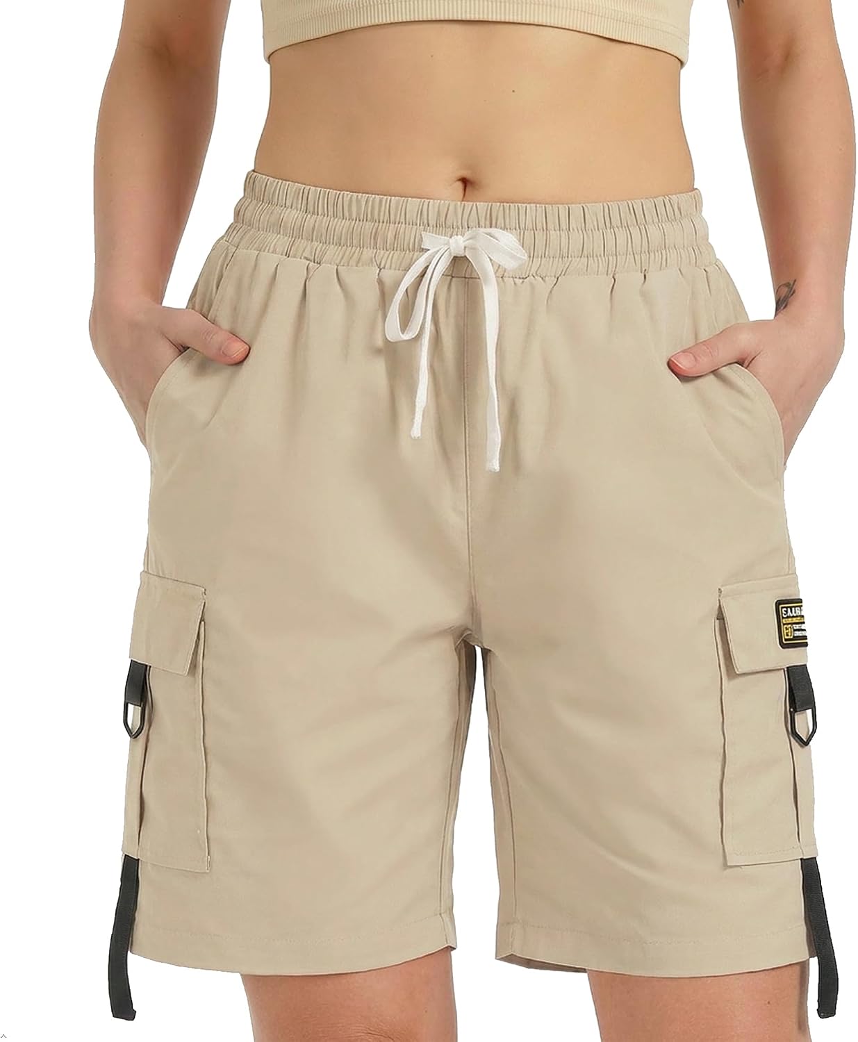 XinYangNi Women's Casual Cargo Shorts with Pockets Elastic High Waist Drawstring Bermuda Shorts for Women