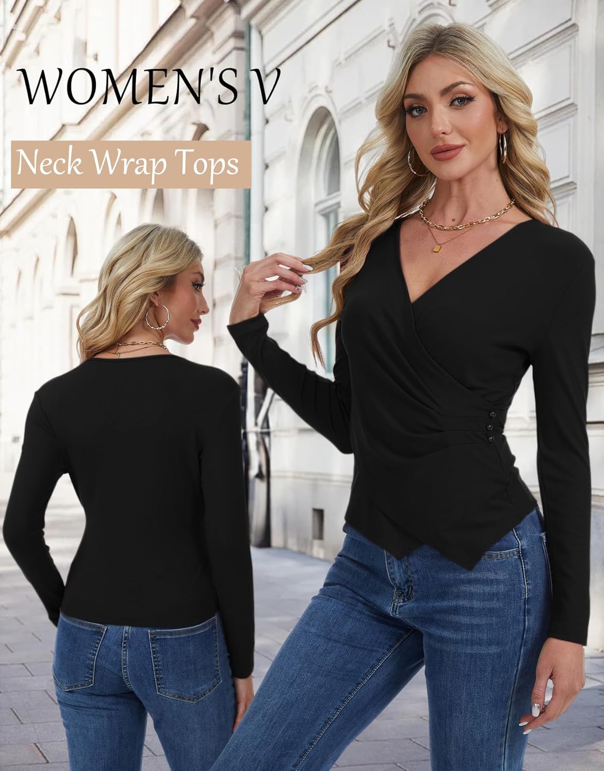 Womens Long Sleeve Wrap Tops, Casual V Neck Cross Wrap Top Ruched Asymmetrical Slim Fit Shirts - Image 2