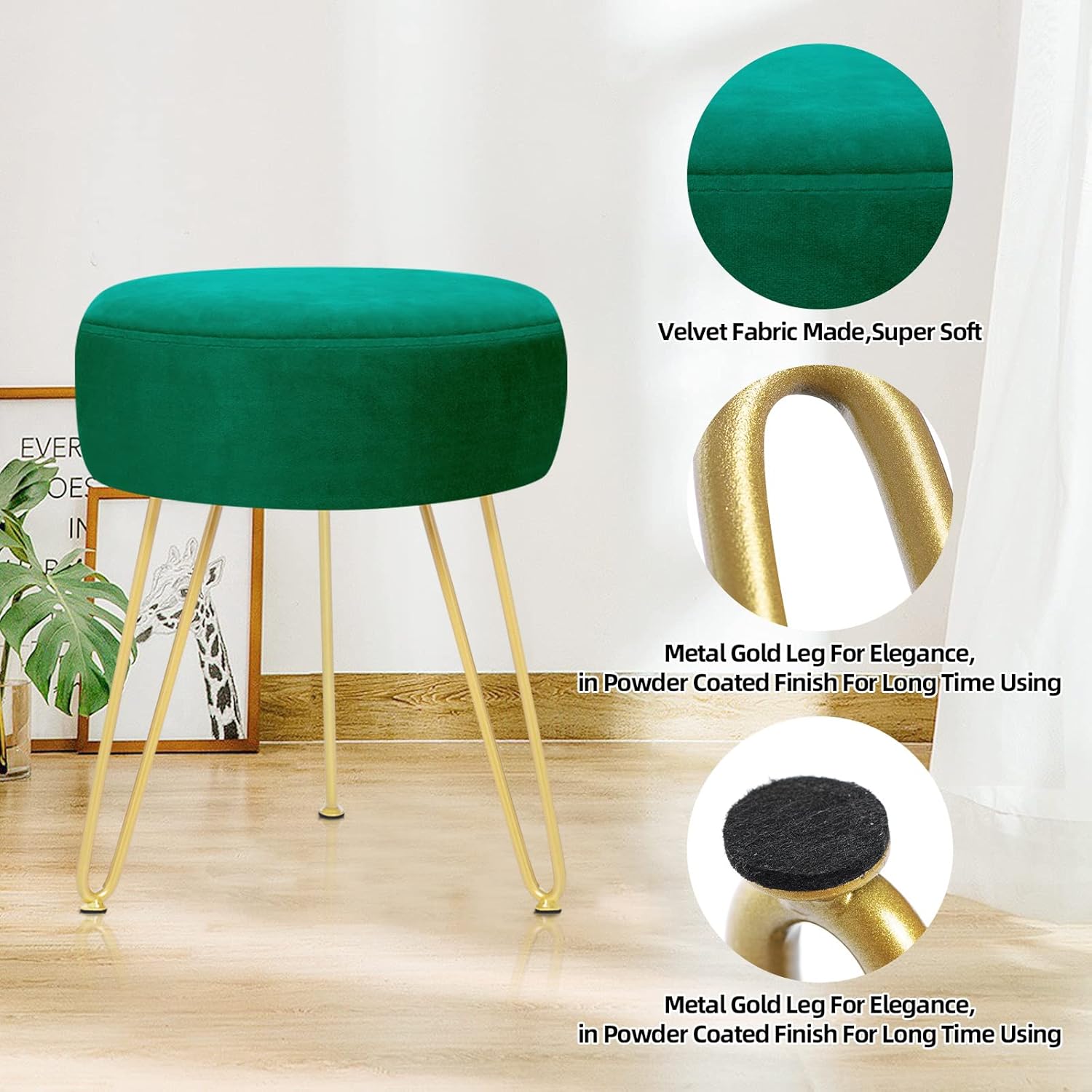 Velvet Soft Modern Vanity Footstool -Round Footrest Stool Ottoman Side Table Seat Dressing with Golden Metal Leg and Sponge Filling,Upholstered Foot Rest, for Living Room and Bedroom Teal