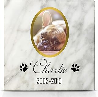 TULLUN Personalized Memorial White Marble Stone Plaque for Pet Cat Dog Frame Paw Grave Marker -Size |4