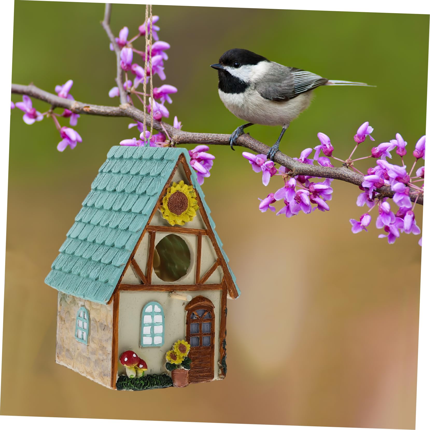 Abaodam Casa Nido Decorativa Colgante de Resina para Cría de Aves | Apta para Alondras y Aves Pequeñas, Uso en Jaula o Exterior, Diseño de Casita Sencilla y Elegante