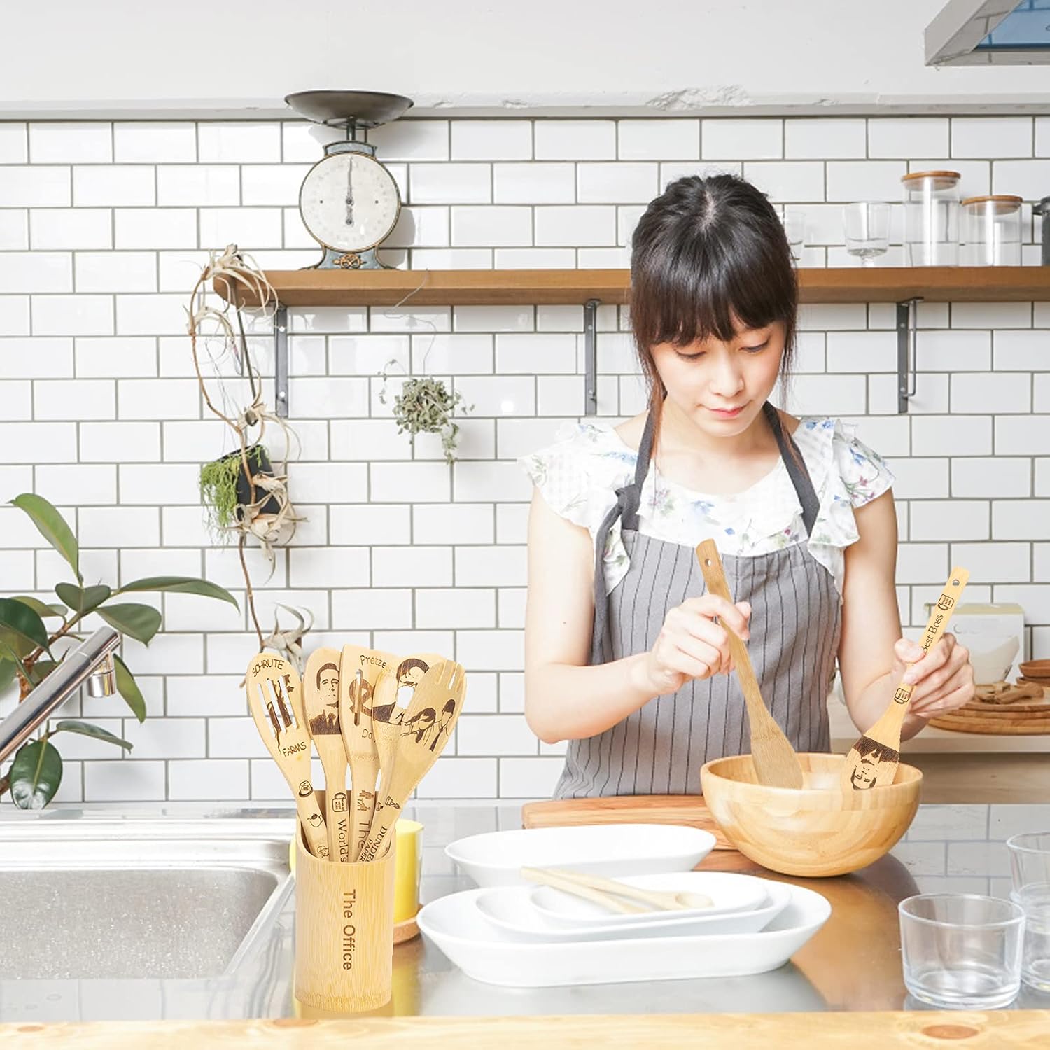 The Office Wooden Spoons Set, TV Show Merchandise Gifts for Fans, 6 Piece Kitchen Utensils with Holder, Non-Stick, Cooking and Serving, Housewarming Decor Present for Women/Mom - Image 5