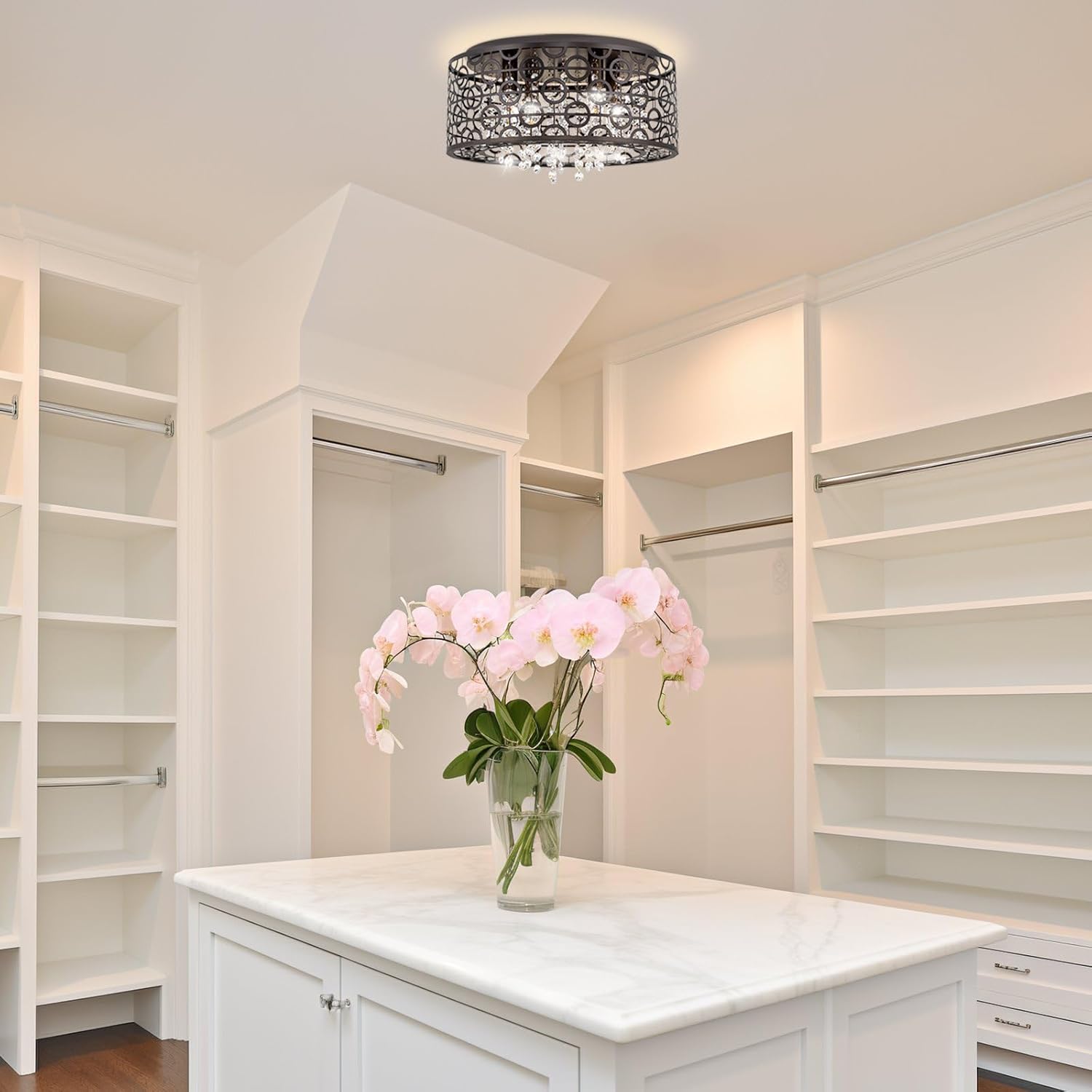 Kira Home Brielle 15" Modern Chic 4-Light Crystal Flush Mount Chandelier + Round Metal Shade, Dimmable, Oil Rubbed Bronze Finish - Includes Blemishes and Inconsistencies