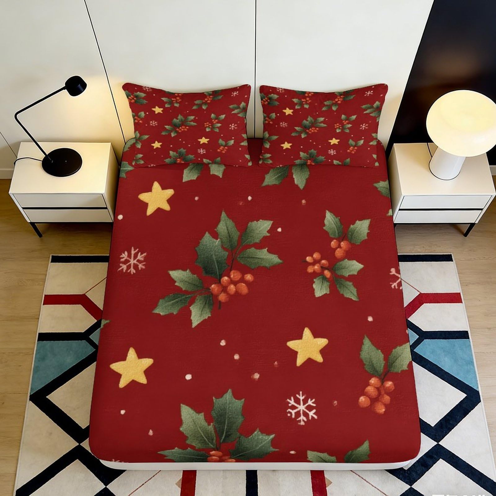 3D Printed Christmas Holly Fitted Sheet Microfiber Red Star Mattress Cover for Bedroom Guest Room Decor 90x200x25cm