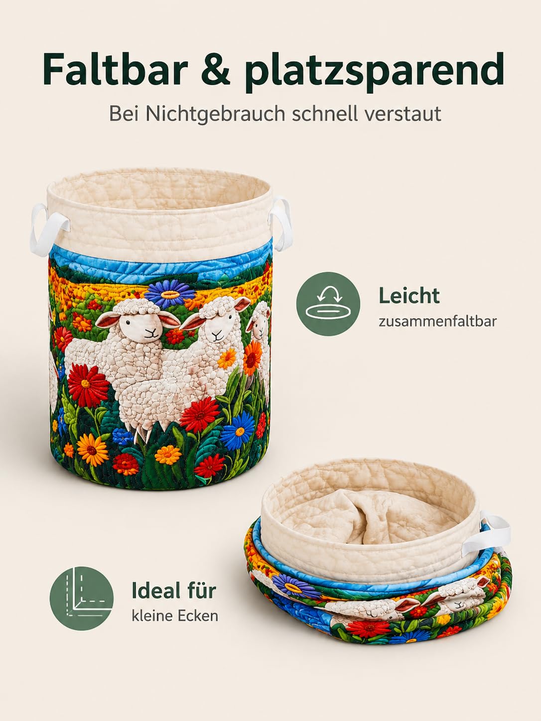 Großer gesteppter Wäschekorb,Faltbarer Gesteppter WäSchekorb Mit Griffen,Boho-WäSchekorbe Mit Steppung,Aufbewahrung FüR Kleidung Und Spielzeug，I：L 20in*28in