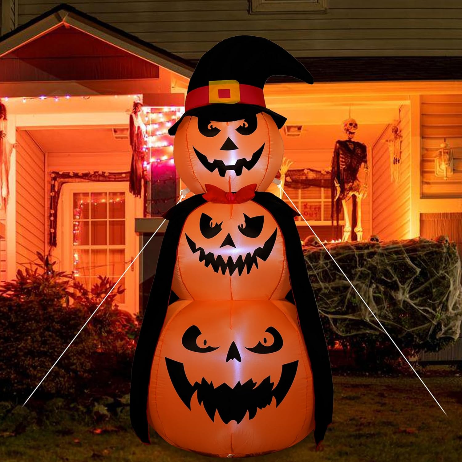 6FT Halloween Inflatables Stacked Pumpkins Decor with Witch’s Hat Halloween Blow Up 3 Pumpkins Built-in Led Light Pumpkin Inflatables Outdoors Yard Lawn Indoor Holiday Party