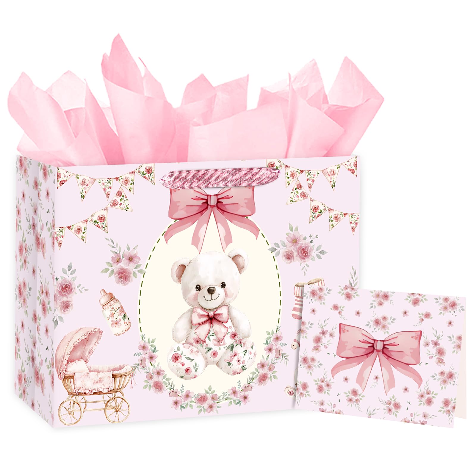 Loveinside 13" Large Baby Girl Gift Bag with Tissue Paper & Greeting Card, Pink Floral Bear Design for Baby Shower, Newborn Girl, First Birthday and Baby Celebrations, 13" x 5" x 10", 1 Pc