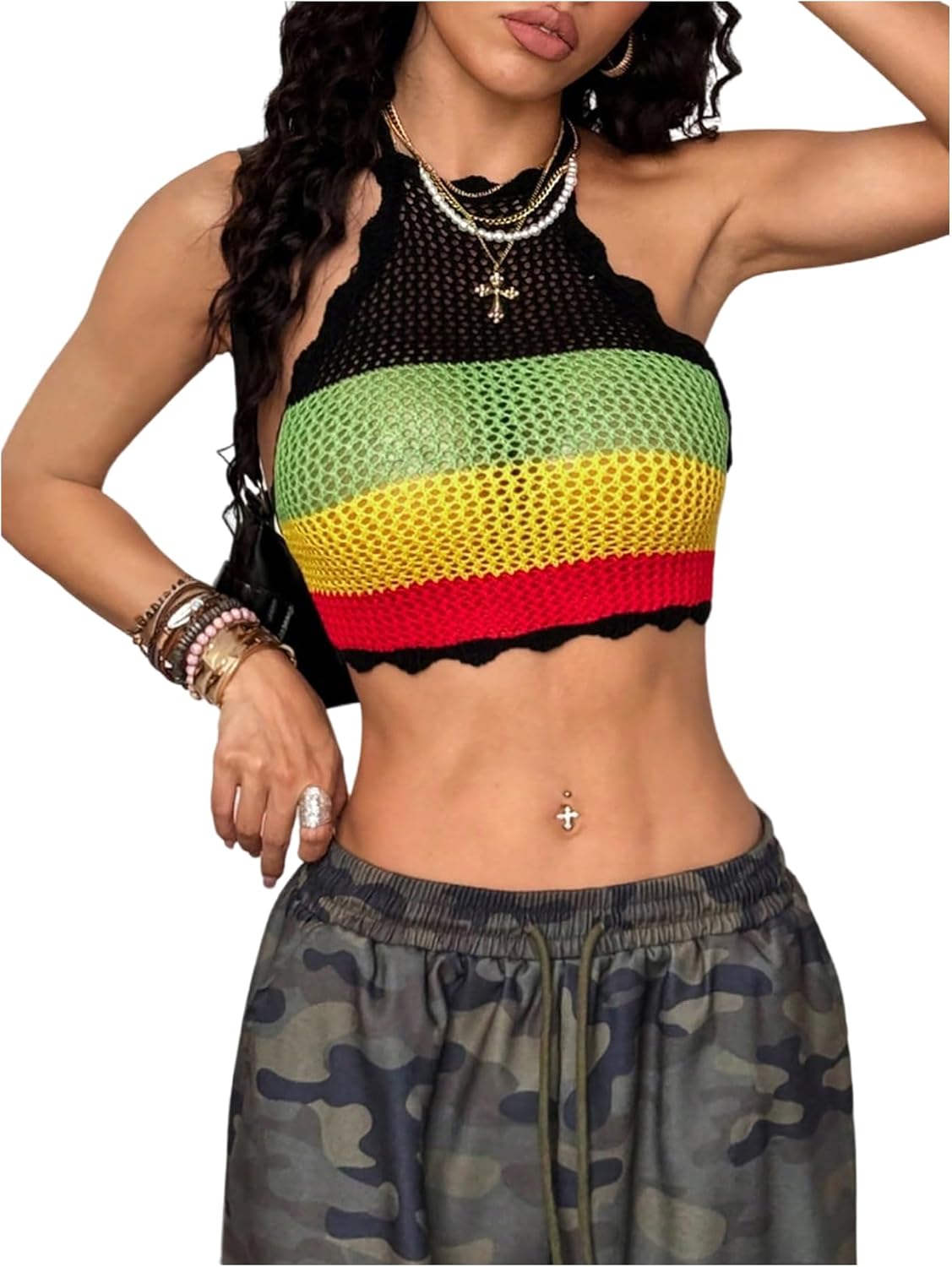 SweatyRocks Women's Color Block Crochet Halter Tops Tie Backless Hollow Out Knitted Crop Top