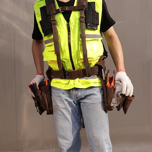 Miniatura 5 de Tourbon - Cinturón de herramientas con tirantes, para carpintería, multiusos, organizador de bolsillos para herramientas de electricista, bolsa de