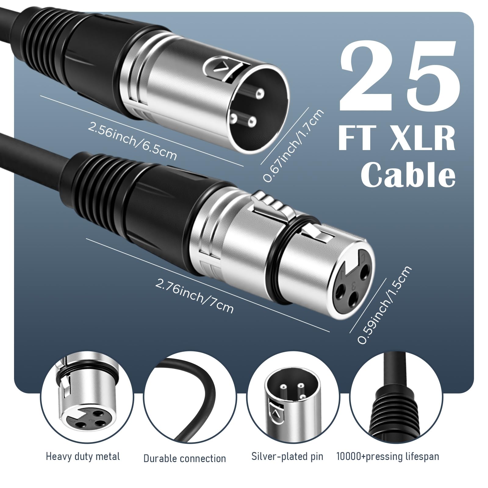 Copkim Confezione da 6 cavi XLR luminosi da 7,6 m, a 3 pin, bilanciati, per microfono, mixer, studio di registrazione, podcast, colore nero