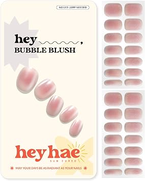 Heyhae Semi Cured Gel Nail Strips | No LED Lamp Needed | Summer, Marble, Pink | Easy Apply & Remove, Salon Quality | Includes 28 Strips, 1 Prep Pads, Nail File & Wooden stick - Hey, Bubble Blush