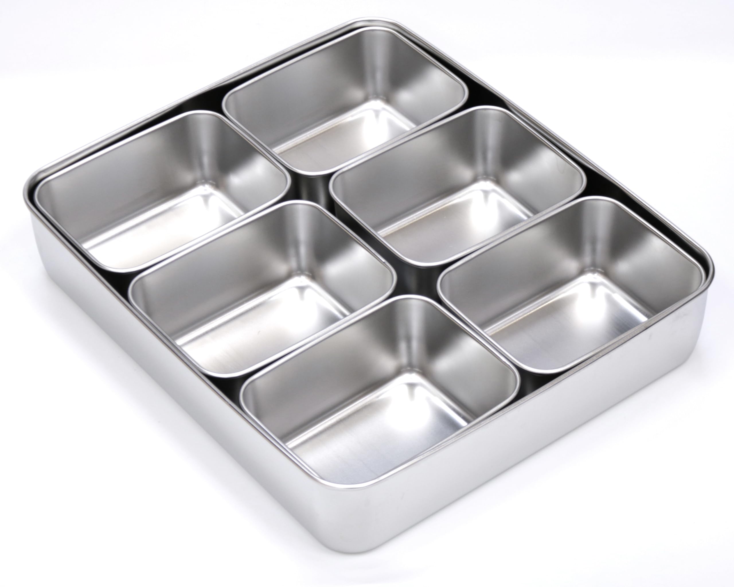 Grace Stainless Steel Seasoning Box with Lid and Holder Tray, Divided Compartments Rectangle Masala Spice Container, Kitchen Condiment Storage Spice Box (6 COMPARTMENTS - 33.5X29X6CM)