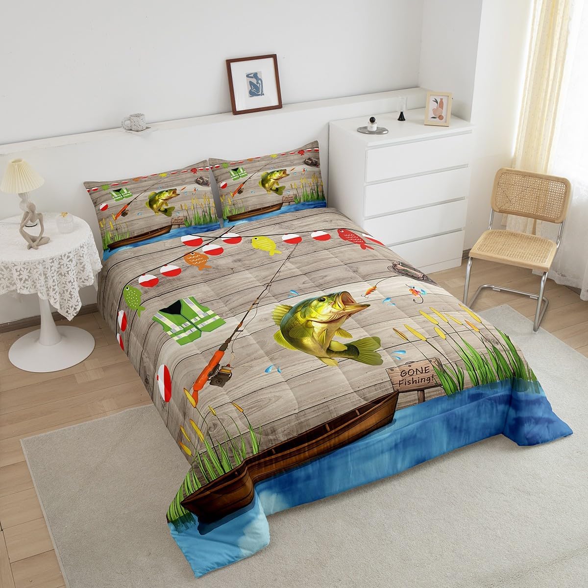 Erosebridal Go Fishing Quilt Set Rustic Farmhouse Comforter Set Queen Size Bass Fishing Bedding Set for Kids Adults Country Cabin Lake Boating Bed Duvet Set Gifts for Fisherman 3 Pcs