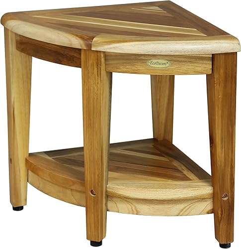 EcoDecors Snazzy Corner Teak Shower Corner Stool 2-Tier Wood Corner Shower Seat Spa Bench with Shelf18 Inch Corner Stool For Shower in Earthy Teak