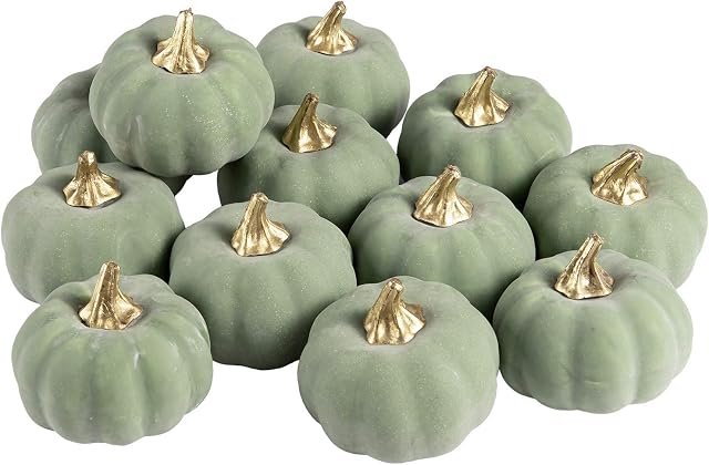 Whaline Artificial Pumpkins Bulk Vintage Green Pumpkin Harvest Lifelike Pumpkin Fake Foam Pumpkin for Fall Autumn Halloween Home Party Supply Thanksgiving Party House Kitchen Wedding Decor(12pcs)