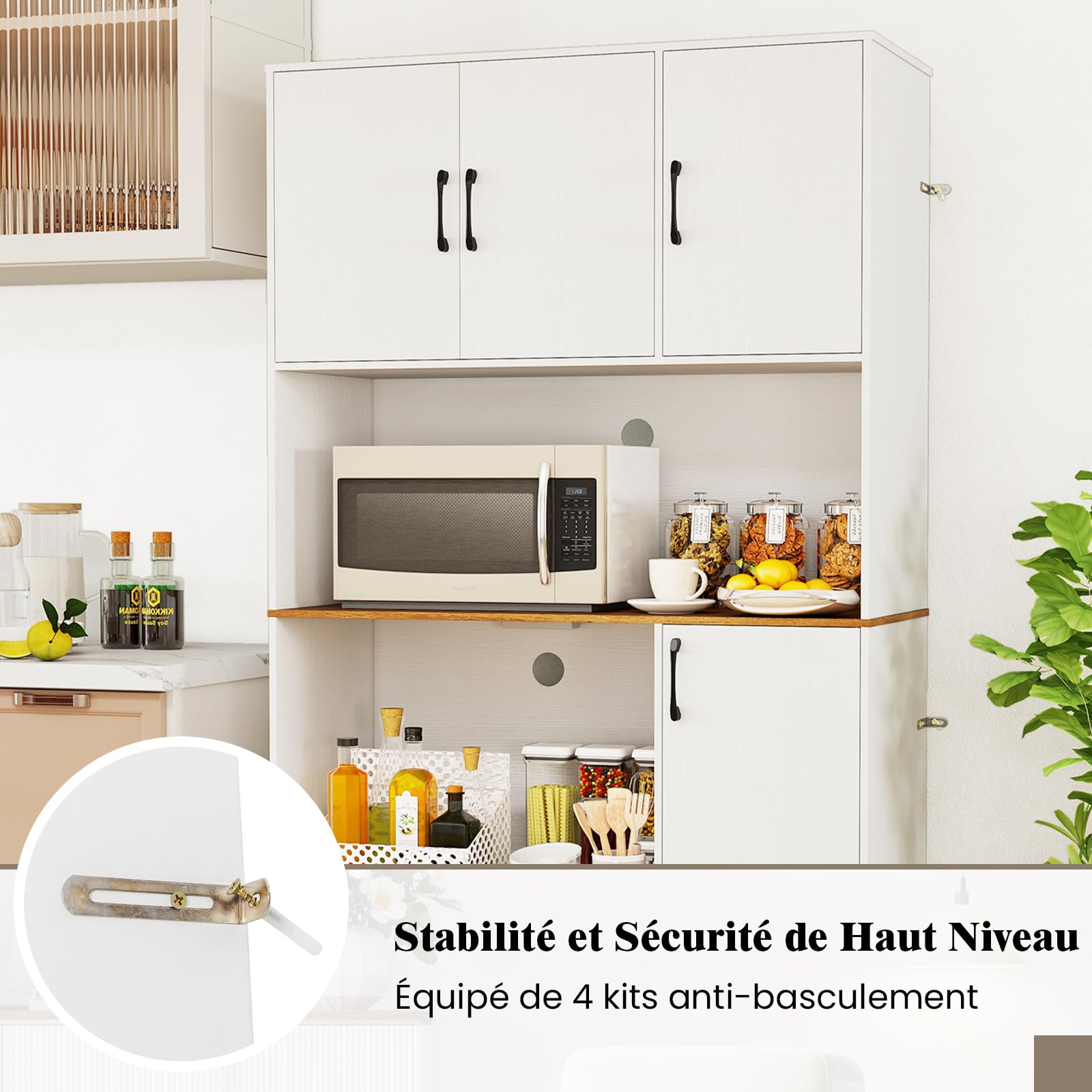 COSTWAY Armoire Cuisine Rangement 180 CM avec Prise, Buffet Vaisselier Cuisine 4 Placards, Plan de Travail, Support Micro-Ondes, Moderne, Meuble Rangement pour Salle à Manger, Salon (Blanc)