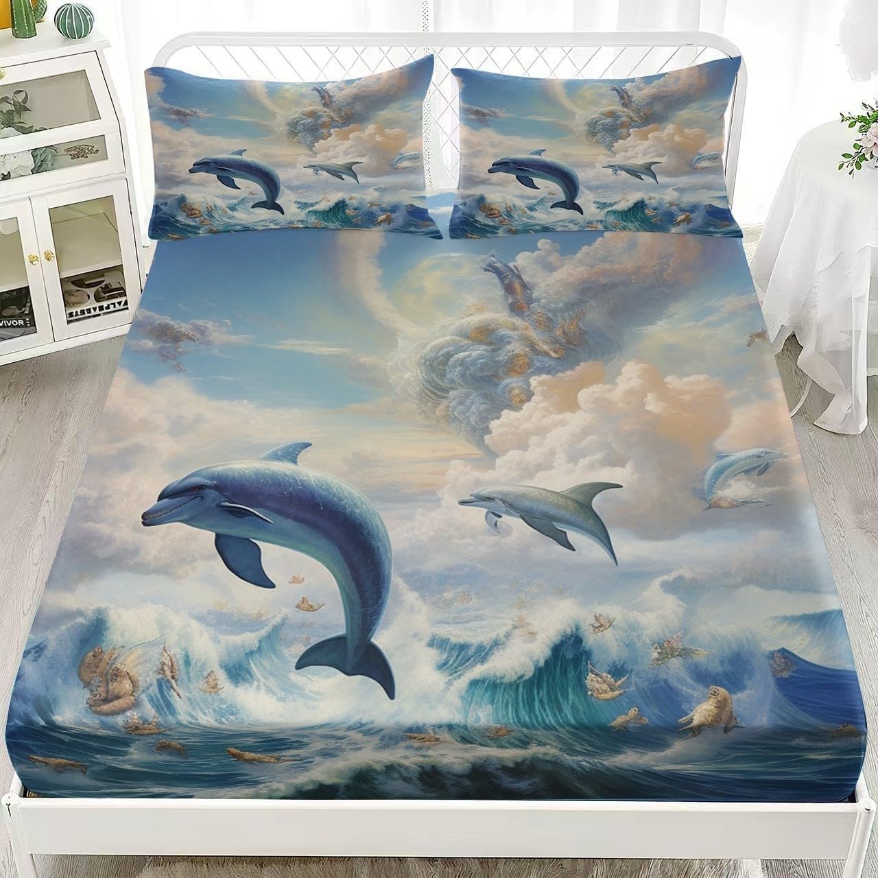 Waves Small Double Fitted Sheet Dolphins Bed Sheets Deep Pocket 12 inch (30 cm) Soft Cozy 3 Piece Microfibre Bed Sheet 120x190 cm with 2 Pillowcases 50x75 cm