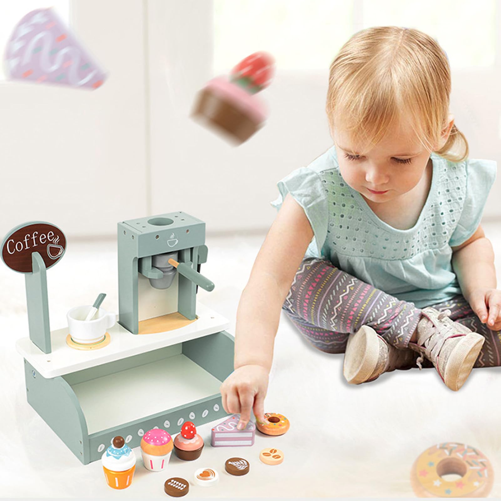 Topiky Spielset für -Kaffeemaschine aus Holz – Simulations-Rollenspielspielzeug für Kleinkinder mit Dessert- und Kaffeezubehör, Rollenspiel-Küchenset für ab 3 Jahren Als Geschenk