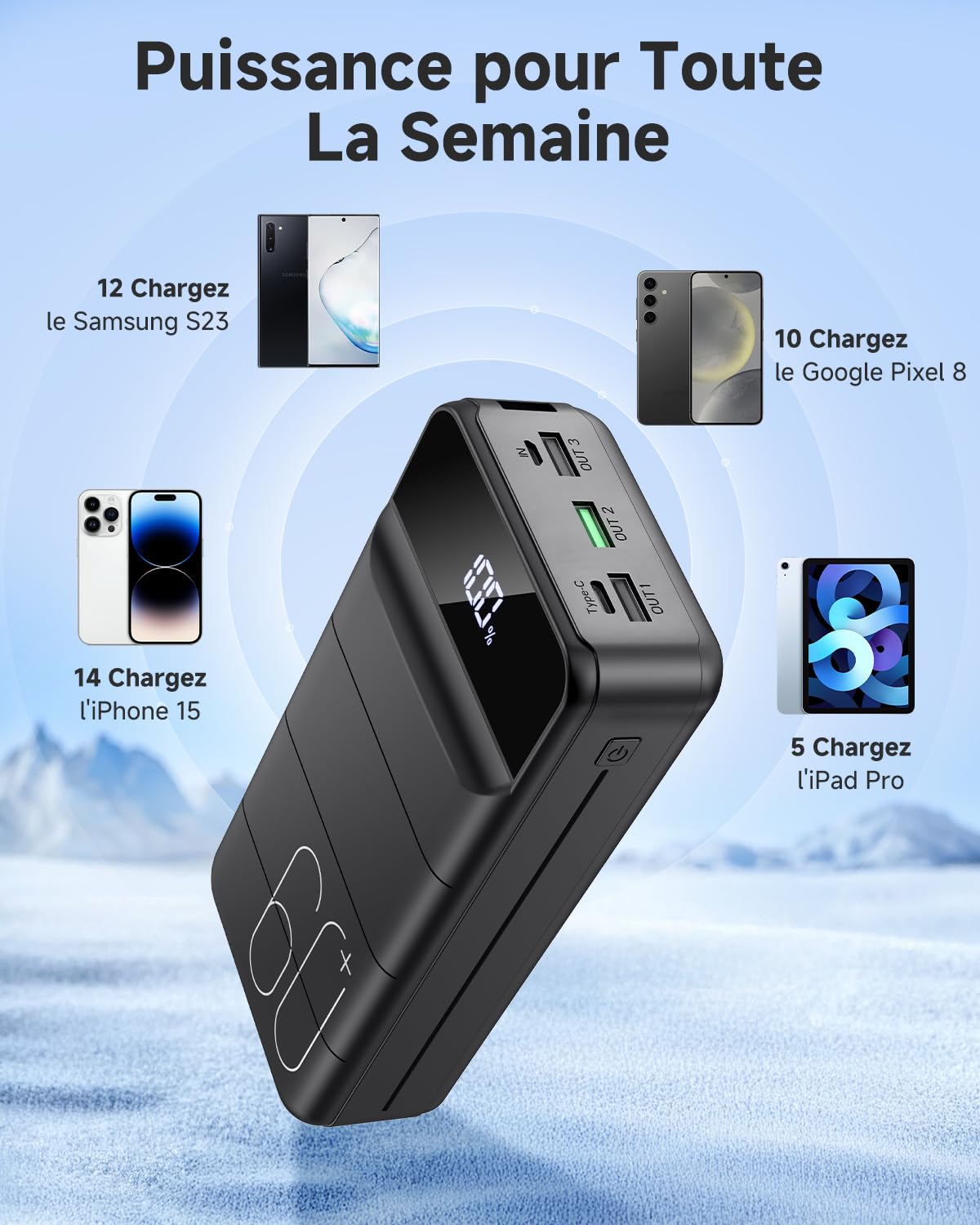 60000mAh Batterie Externe Charge Rapide, 22,5W Power Bank Chargeur Portable avec Écran LED, 4 Sorties et 2 Entrées Compatibles avec Smartphone, Tablettes, etc （Noir）