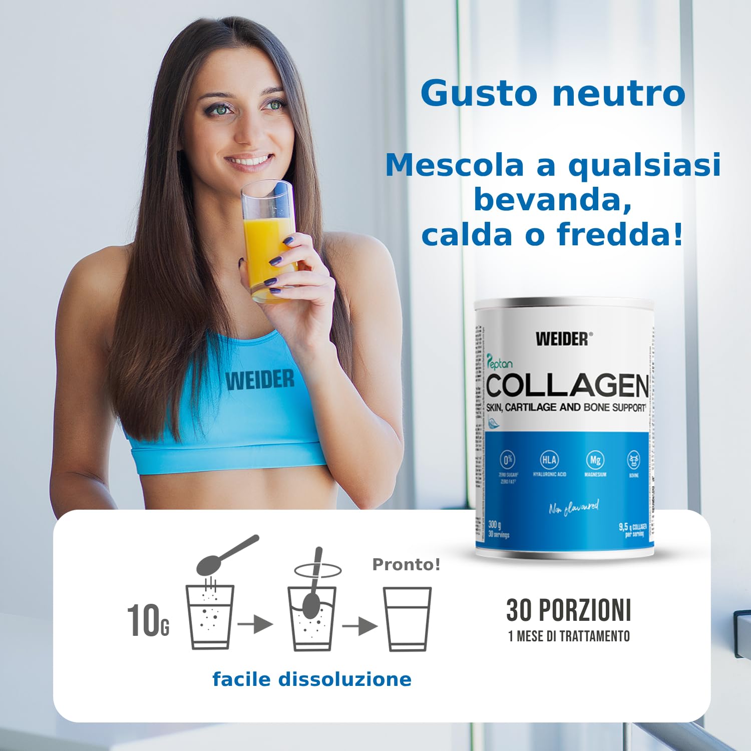 Weider Collagen (300g). Collagene Bovino in Polvere con Acido Ialuronico, Magnesio e Vitamina C. Peptidi di Collagene 100% Qualità Peptan. Senza Zucchero, Senza Grassi. Keto