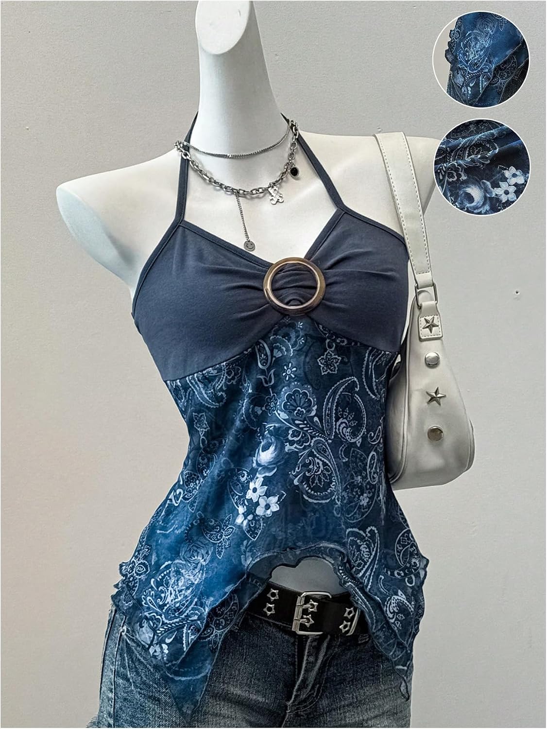 Milumia Women's Y2k Paisley Tie Halter V Neck Mesh Babydoll Going Out Tops image 4