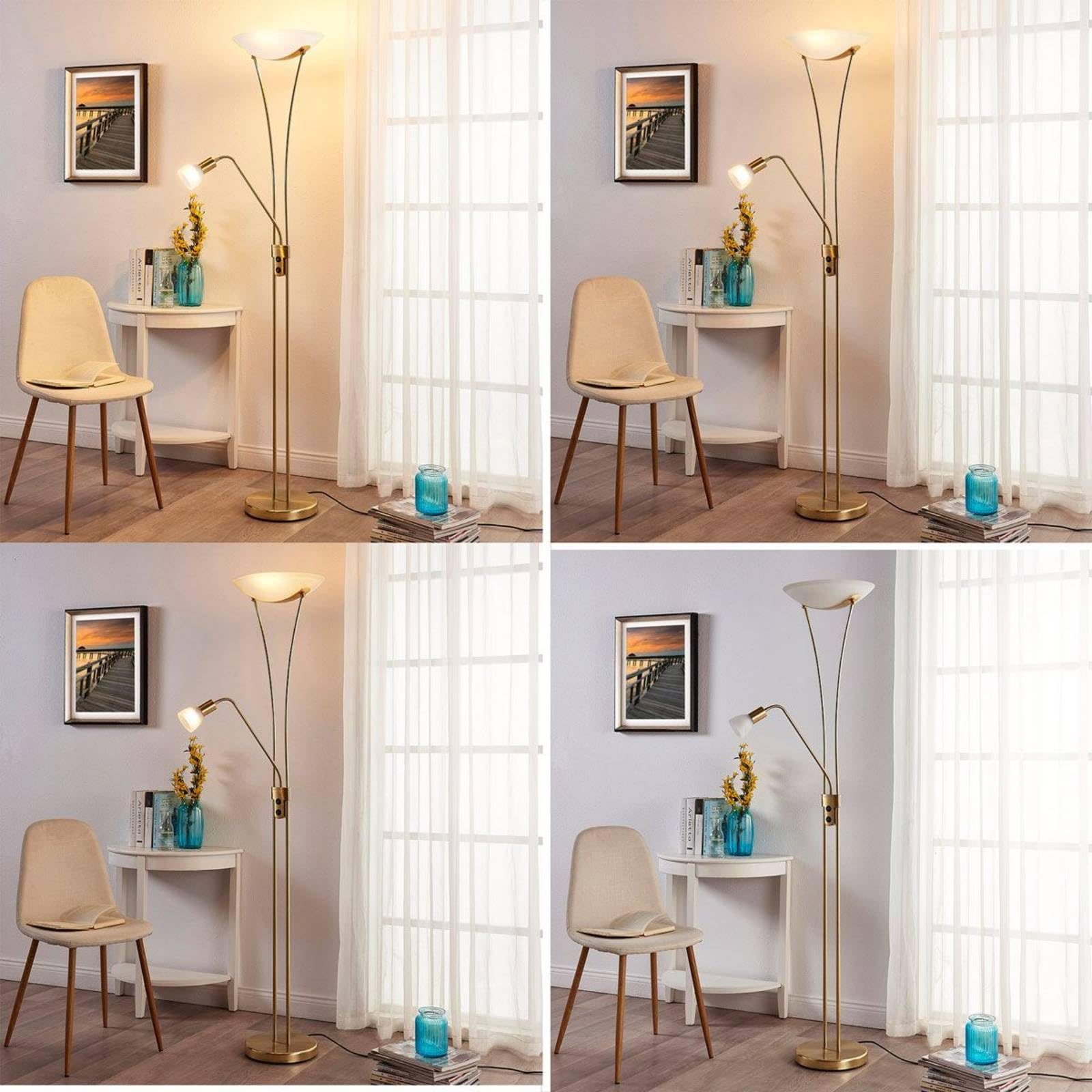 Lindby Stehlampe, Deckenfluter verstellbarer Lesearm Standleuchte Glas Metall 2x E27 max. 15W und 1x E14 10W ohne Leuchtmittel Standlampe