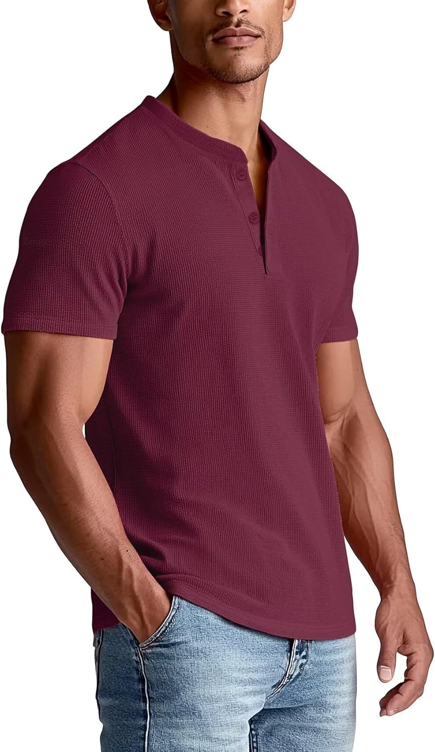 Zengjo Henley Shirts for Men Short Sleeve Waffle-Knit Casual 3 Button T-Shirt Regular-Fit - Image 2