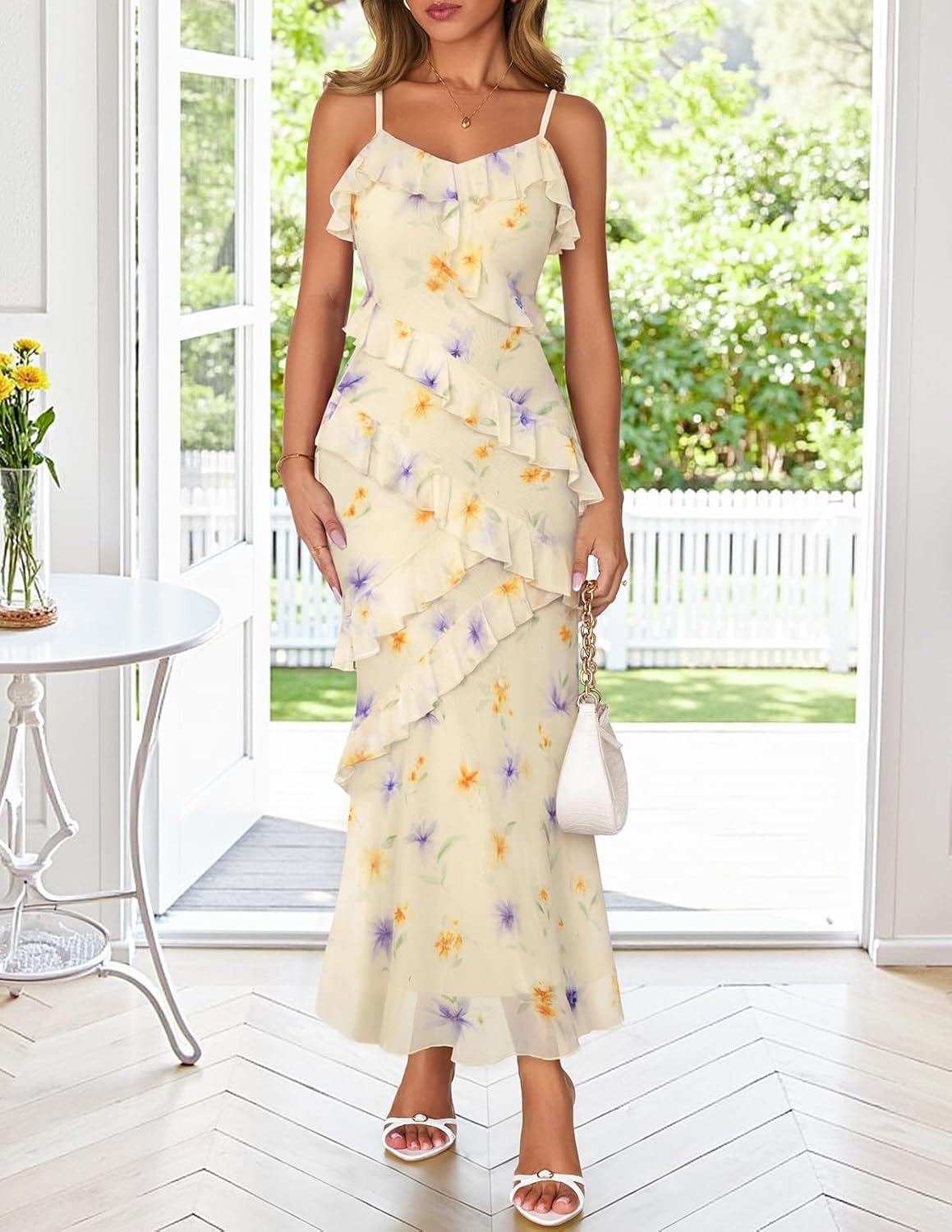 MEROKEETY Spring Wedding Guest Dress for Women 2026 Summer Floral Cocktail Party Beach Vacation Ruffle Bodycon Maxi Dresses - Image 6