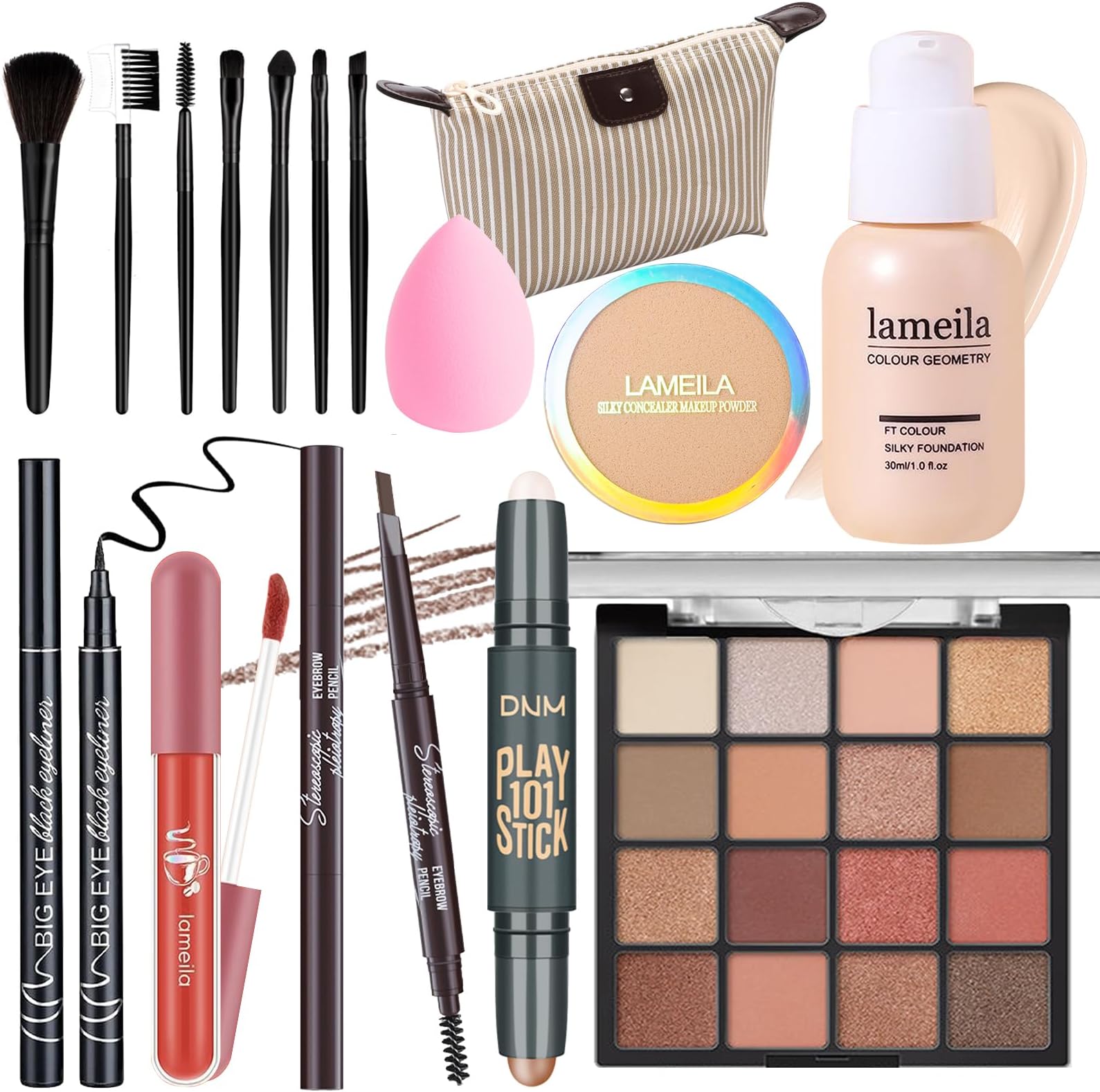 YBUETE Makeup Set Full Kit for Girls Teens Women, Makeup Present Set, Includes Eyeshadow, Foundation, counter stick, Powder, Eyebrow Pencil, Eyeliner, Brushes, Lip Gloss, Sponge, Cosmetic Bag