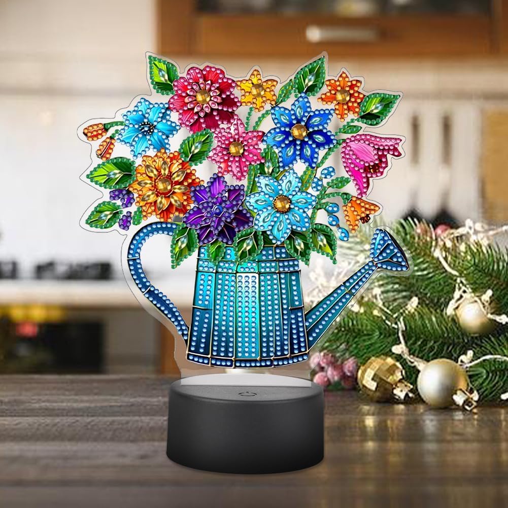 Diamond Painting Night Light, Diamond Art Kits for Adults, LED Diamond Painting Night Lamp Kit for Beginner Home Decor (Watering Bucket Flowers)
