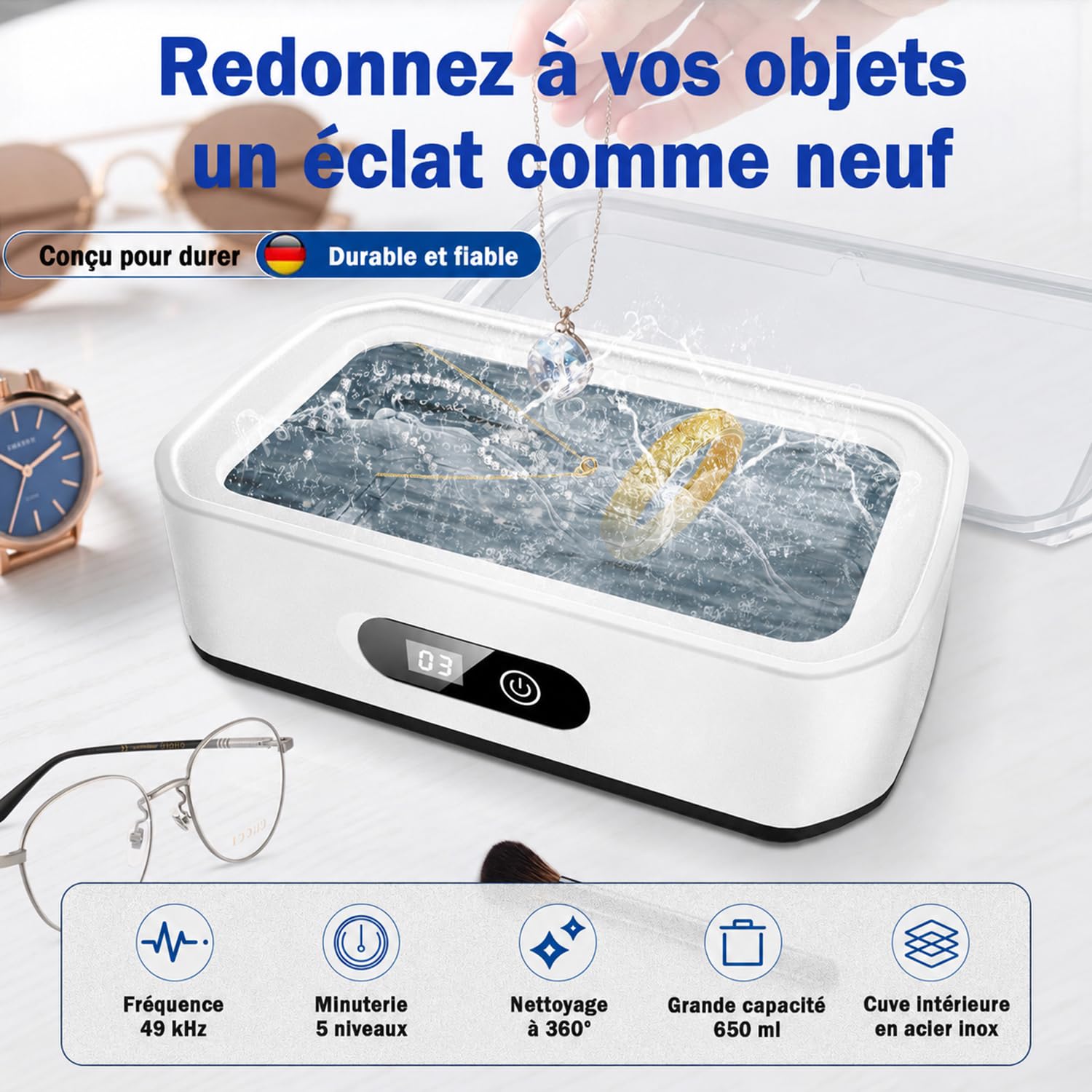 Nettoyeur ultrasons 650 ml pour lunettes, bijoux, gouttières | Nettoyage puissant à 49 kHz,5 minuteries,650 ml,inox 304 pour lunettes,bijoux et gouttières