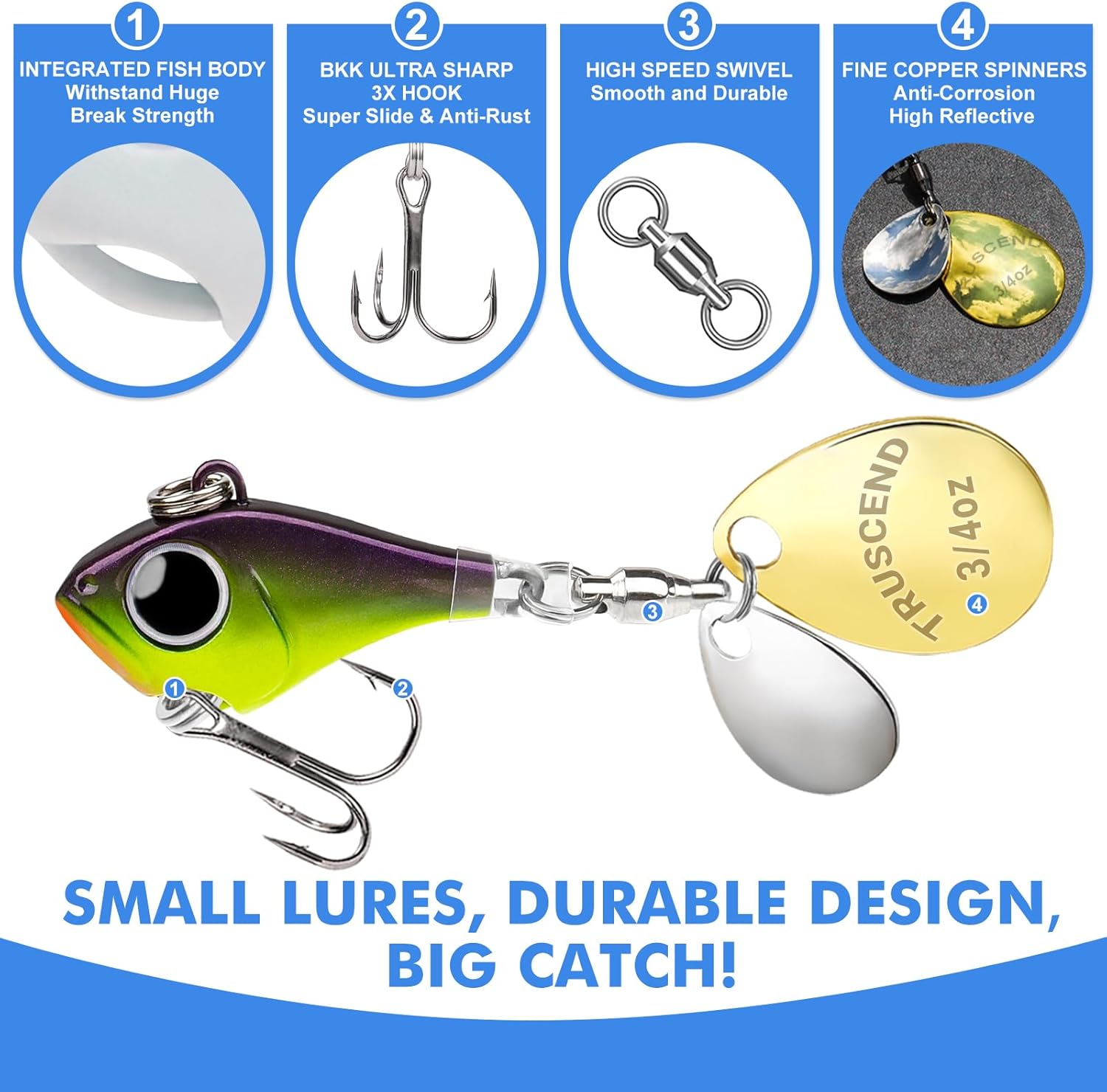 TRUSCEND Vibespinner Lures with BKK Hooks – Easy Catch: 4 Actions (Vibrate/Swim/Flash/Jig) for More Bites, Longer Cast Search Bait – Jigs for Bass, Crappie, Trout, Walleye – Ideal for Family Fishing