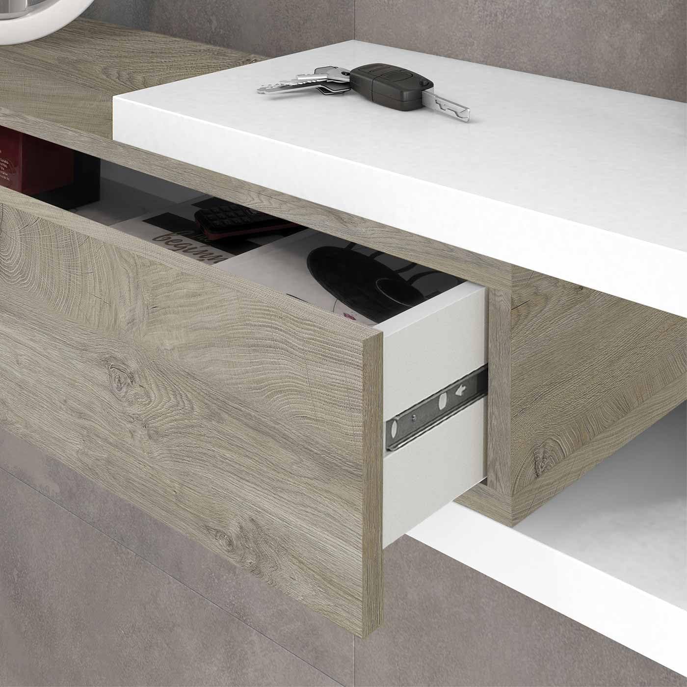 amuéblate online - Recibidor con Cajon y Espejo, Mueble de Entrada, Modelo Monza, Acabado en Blanco Artik y Roble Alaska, Medidas: 95 cm (Ancho) x 19 cm (Alto) x 26 cm (Fondo)